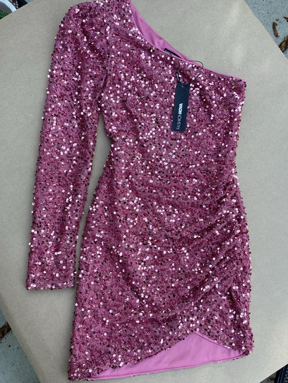 Fashion Nova One-Shoulder Sequin Mini Dress in Rose
